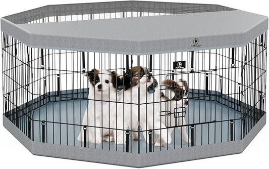 PJYuCien Dog Playpen with Top Cover and Bottom Pad - Metal Foldable Exercise Pen, 8 Panels 24" H x 24" W Indoor Outdoor Pet Fence Puppy Crate Kennel, Gray