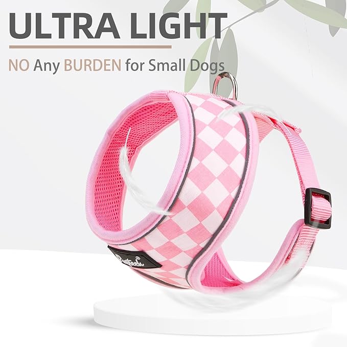 PUPTECK Soft Mesh Dog Harness and Leash Set Pet Puppy Cat Comfort Padded Vest No Pull Harnesses, Checkered Pink&White, S