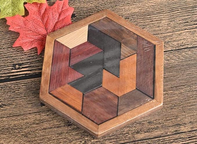 KINGOU Hexagon Tangram Puzzle Wooden Brain Puzzles for Kids & Adult Challenge Wooden Brain Teasers Puzzle Games for Family Party Gift - Brain Games for Kids