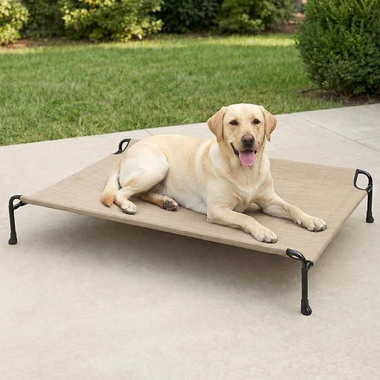 Veehoo Outdoor Dog Bed, Raised Dog Bed for Large Dogs, Elevated Pet Bed with Headrest, Washable Cooling Dog Cot, Breathable Pet Hammock for Indoor or Camping, 41", Non-Skid, Beige