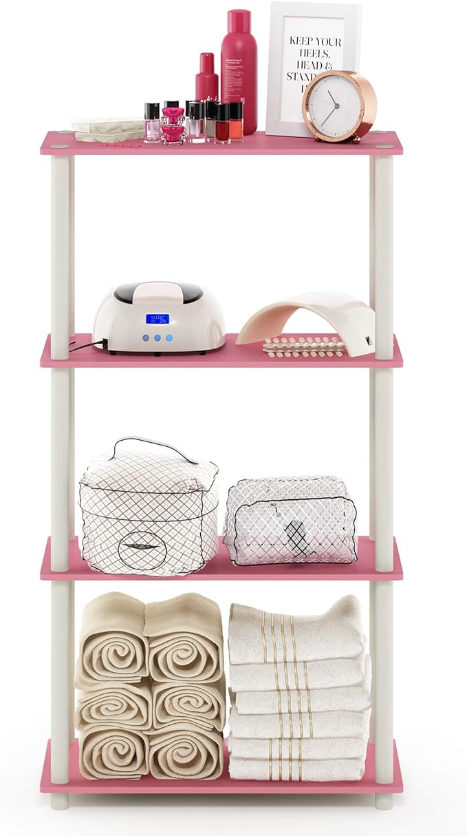 Furinno Turn-N-Tube 4-Tier Multipurpose Shelf Display Rack, Round Tubes, Pink/White