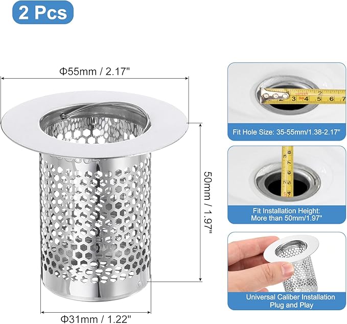 uxcell 3 Pack Shower Drain Strainer, 2" x 2.2" Stainless Steel Floor Drain Strainer Deep Sink Hair Catcher for Kitchen Bathroom Balcony Floor Drain, Fit Hole Size from 1.38" to 2.17"