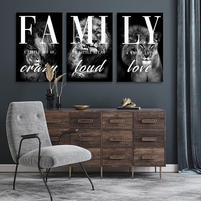 GUBIYU Large Family Wall Decor Set of 3 Modern Lion Wall Art 24x36 Inch Black