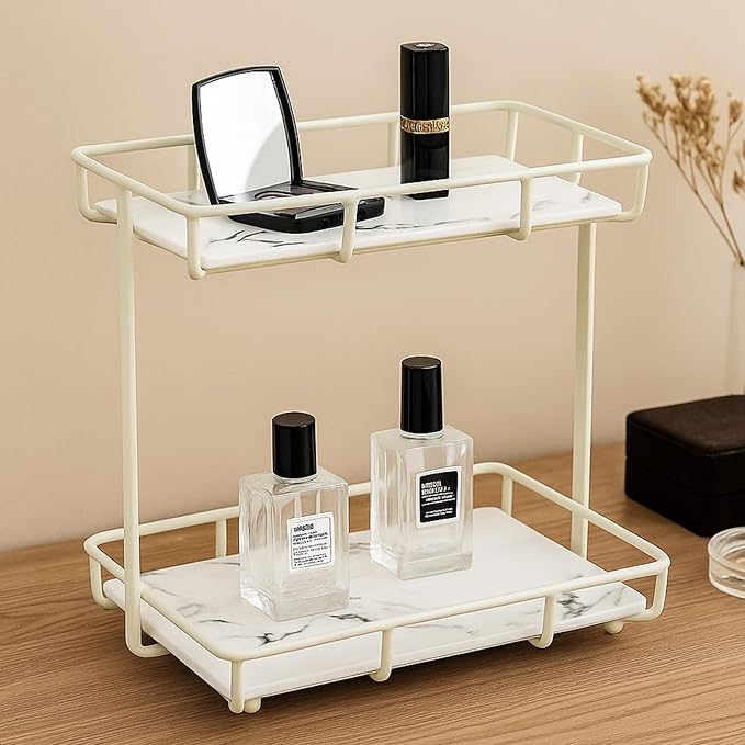 Bathroom Organizer Countertop Perfume Organizer Makeup Organizer Cosmetics Storage Display Rack Vanity Tray Dresser Stainless Steel Gold Shelf White Marble Ceramic Tray (2 Tier L-Cream)