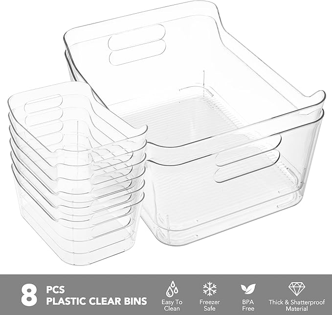 Tiawudi Set of 8 Clear Plastic Storage Bins, 2 Extra Large and 6 Small Storage Containers for Pantry Organization, Multi-Use Organizer Bins for Home, Kitchen, Cabinet, Bathroom, Fridge & Freezer