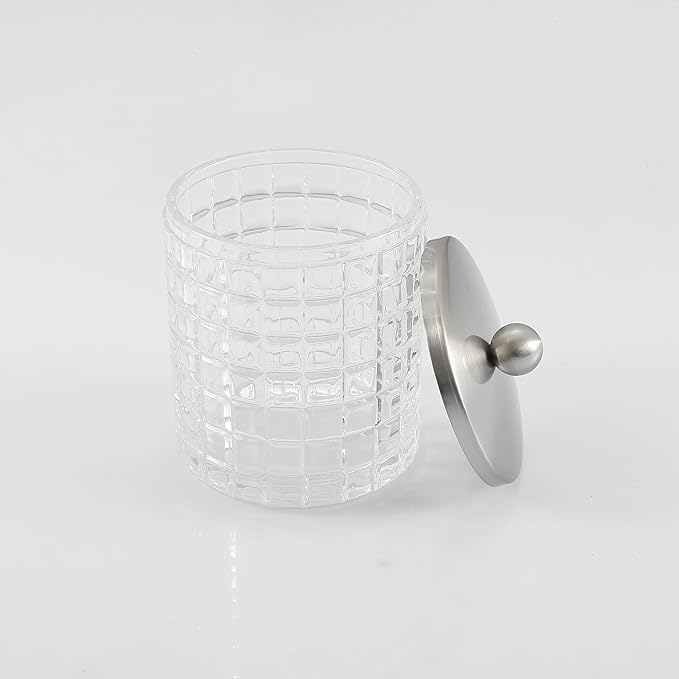 Clear transparent Apothecary Etched Geometric Grid Glass Jar W/Satin Nickel Metal Lid Cover for Bathroom Organization, Cotton Balls, Q Tips, and Small Accessories, Bathroom Storage