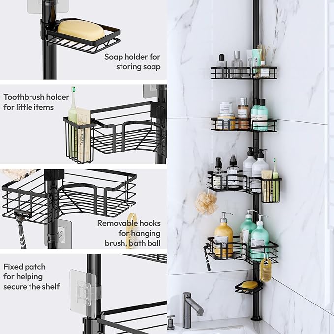 SWTYMIKI Shower Caddy Tension Pole - 4-Tier Corner Shower Organizer Tension Rod with Soap Holder, Toothbrush Holder & 4 Hooks, Adjustable Stainless Steel Bathroom Organizer 27.6 to 108.3 inch, Black