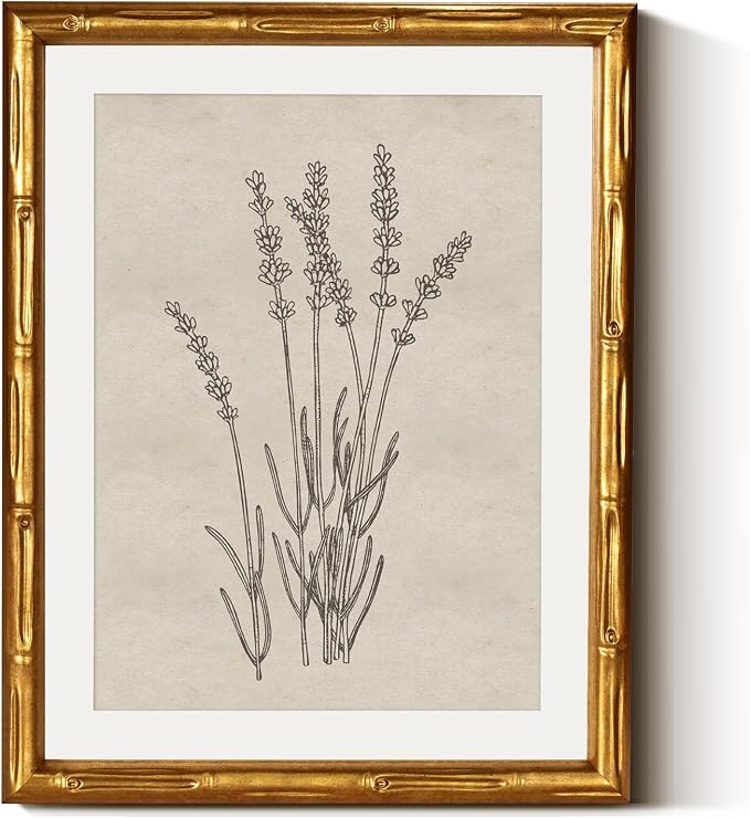 InSimSea Gold Bamboo Framed Canvas Wall Art, Minimalist Lavender Botanical