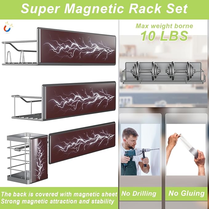 Magnetic Spice Rack for Refrigerator, 6 Pack Strong Magnet Spice Organizer with Paper Towel Holder, Utensil Holder, Moveable Magnetic Fridge Shelf for Kitchen Organization and Storage (Grey)
