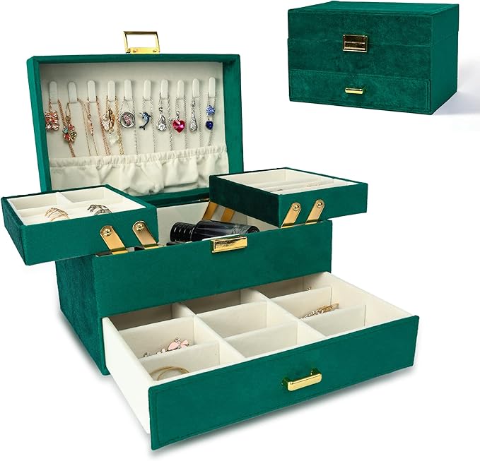 Dajasan Jewelry Box for Women, 3 Layers Large Velvet Jewelry Organizer, Jewelry Storage Organizer, Jewelry Case for Earring, Ring, Necklace, Bracelets (Green)