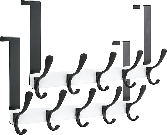 SKOLOO Over The Door Hook, Door Hanger Hooks for Hanging Clothes, Towels, Coats, Hats, Over The Door Towel Hook - Pack of 2, Black on White, Assembly Required