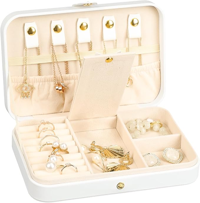 Small Jewelry Box, Travel Jewelry Case Portable Jewelry Boxes for Women, 2-Layer Mini Jewelry Travel Organizer, Gift for Women Girls,White B
