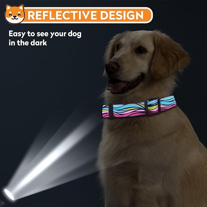 Reflective Dog Collar, Adjustable Soft Neoprene Padded Nylon Pet Collars with Buckle for Puppy and Small Dogs, Cats, Colorful Wave Pattern,L