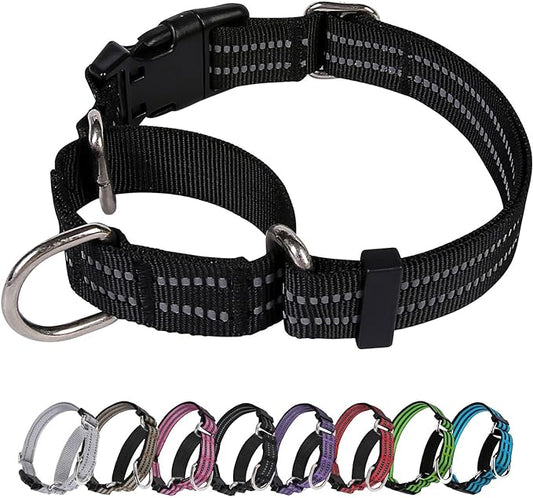 Martingale Dog Collar, Adjustable Nylon Reflective Collar with Buckle No Pull Dog Collar for Small Medium Large Dogs (Black L)