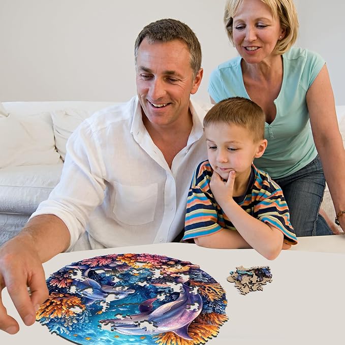 Qiuenisray Wooden Puzzles for Adults 500 Pieces, Dolphins Wood Jigsaw Puzzles, FSC Certified Royal Unique Shape Ocean Adult Puzzles, Irregular Creative Gift for Family Game 16.5 x 16.5 in
