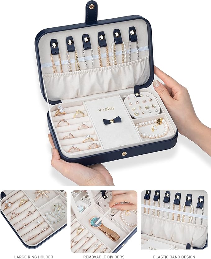 Travel Jewelry Case, Jewelry Box Small PU Leather Portable, Jewelry Travel Case for Rings Earrings Necklaces Bracelets Watch, Navy B