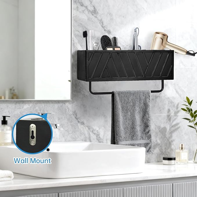 Hair Tool Organizer Wall Mounted with Towel Bar, Wood Hair Dryer and Styling Holder for Bathroom, Vanity Caddy Storage Stand for Storage Bathroom Accessories, Flat Iron, Blow Dryer, Brushes(Black)