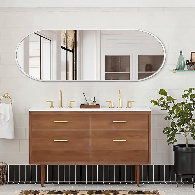 Oval Bathroom Mirror 48 x 16 Inch, Large White Full Length Mirror, Oval Pill