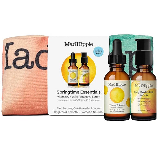 Mad Hippie Springtime Essentials Skin Care Kit – Daily Protective SPF 30+ & Vitamin C Face Serum Wrapped in an Artful Tote Bag with 3 Samples