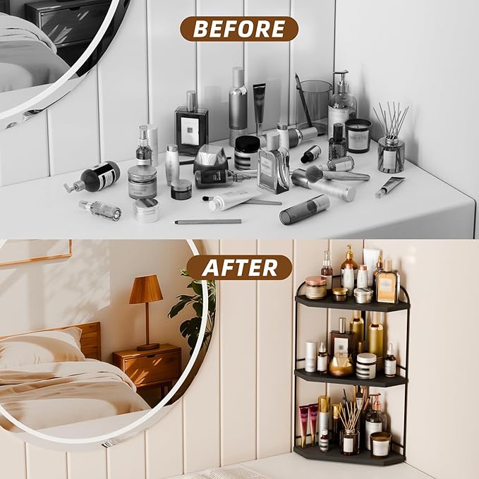 Corner Bathroom Counter Organizer, 3-Tier Wood Countertop Organizer for Perfume, Makeup Storage, Skincare Organizers for Vanity, Counter Corner Shelf for Kitchen, Bathroom, Dresser (Black)