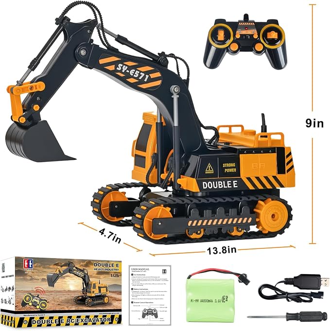 DOUBLE E Remote Control Excavator Toy, RC Excavators Sandbox Digger Hydraulic Construction Toys - Realistic Construction Vehicle with 6 Functions, Xmas Gift for Kids 3-14 Years