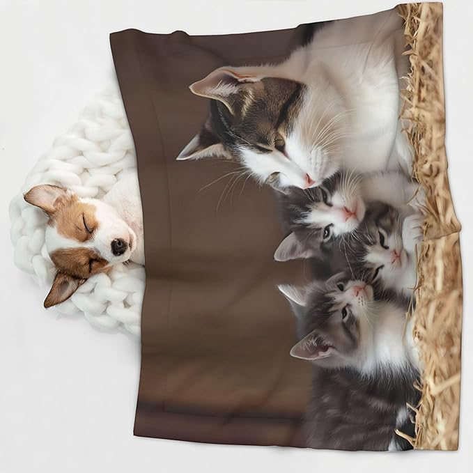 Waterproof Dog Blanket Soft Pet Blanket for Puppy, Fleece Cat Throw Blankets for Furniture Bed Couch Sofa Reversible - Cat Family