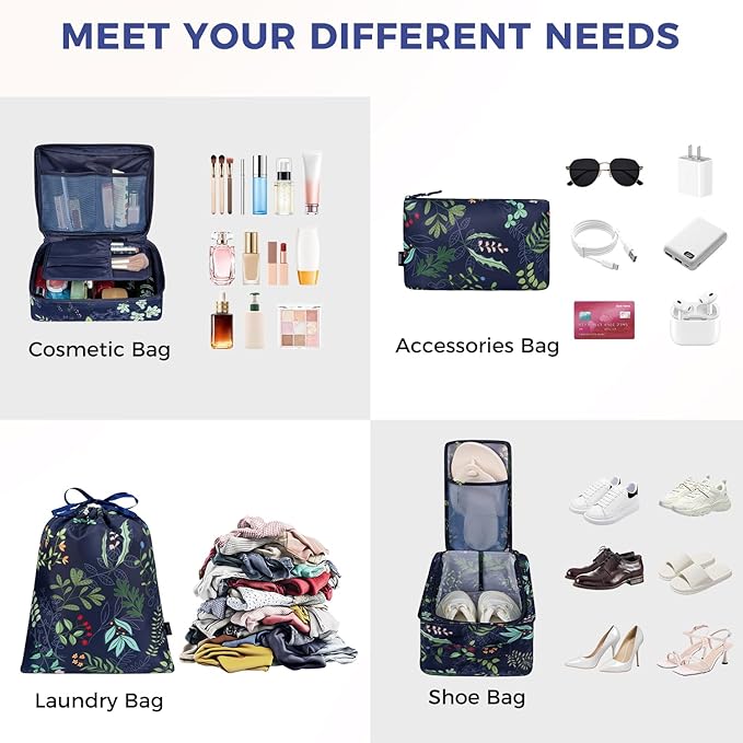 BAGAIL 8 Set Packing Cubes Luggage Packing Organizer Bags for Travel Accessories-Navy Leaf