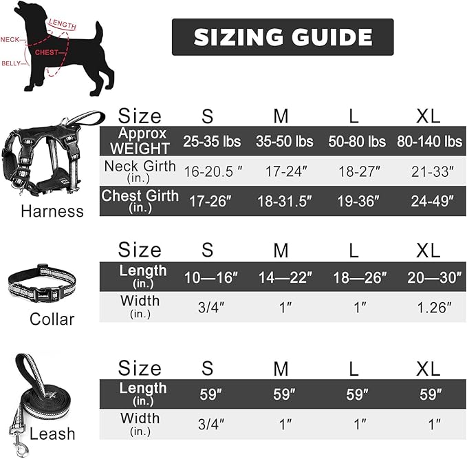 WINSEE Pet Harness Collar and Leash Set, All-in-one Reflective Dog Harness No Pull with Adjustable Buckles for Puppies, Small, Medium, Large, and Extra-Large Dogs (Large, Black)