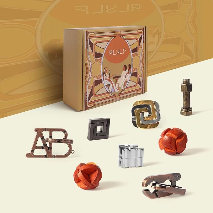 RLYLF 8 Pcs Brain Teaser Puzzles Favor Educational Toys | Mind Puzzles Ancient Wooden and Metal 3D Unlock Interlock IQ Puzzles Box Game