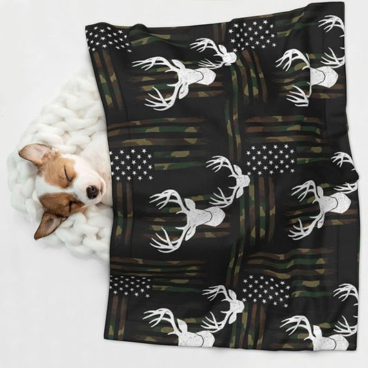 Double Sided Plush Pet Blanket with Cozy Dot Texture and Smooth Reverse, Deer Camo Camouflage American Flag Hunting Black, Reversible Throw for Dogs Cats on Couches Beds Crates