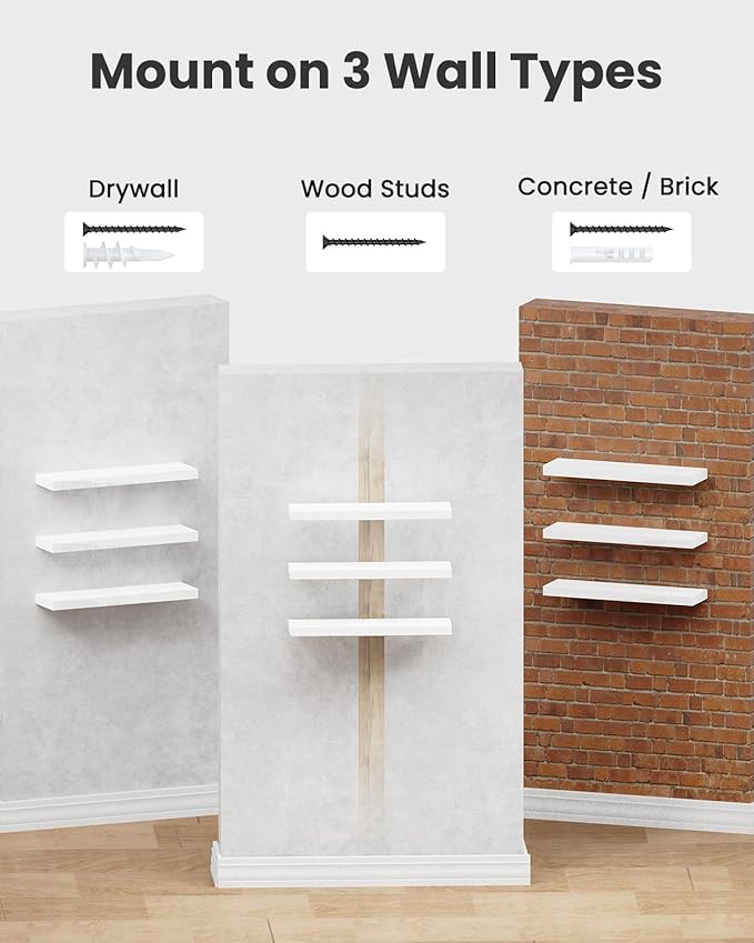 AMADA HOMEFURNISHING Floating Shelves, Wall Shelves for Bathroom/Living Room/Bedroom/Kitchen Decor, White Shelves with Invisible Brackets Set of 3 - AMFS08