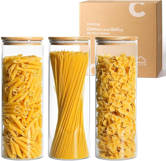 ComSaf Glass Spaghetti Pasta Storage Container with Lids 2 Qt Set of 3, Tall Clear Airtight Food Storage Jar with Wood Cover Kitchen Pantry Storage Container for Noodles Flour Cereal Coffee Beans