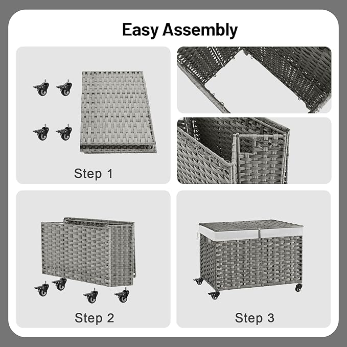 Rolling Storage Basket with Lid, 47.6 Gallon (180L) Storage Bin with Wheels, Woven Rattan Blanket Storage Basket with Handles, Foldable, Metal Frame, Removable Liner for Bedroom, Laundry Room, Grey