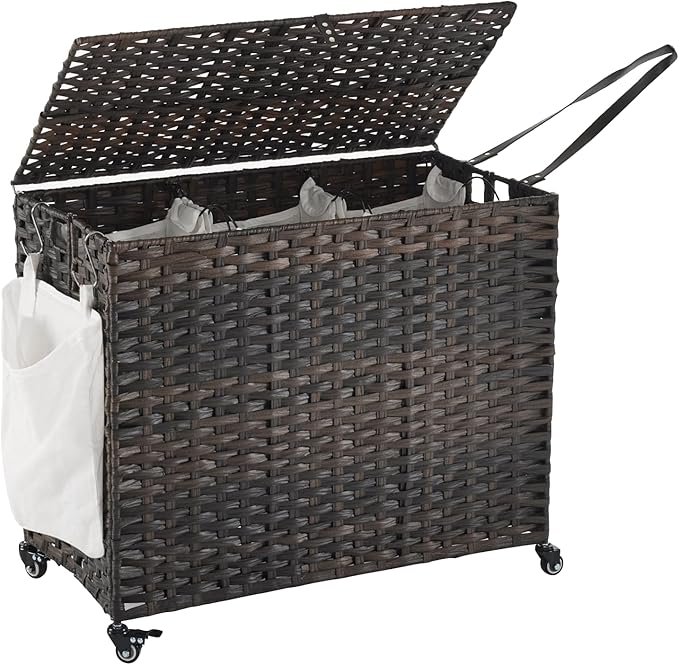Laundry Hamper with Wheels, 52.8 Gallon(200L) Rolling Laundry Basket with Lid, 3-Section Rattan Clothes Hamper with 3 Removable Liner & 3 Mesh Bags, Laundry Sorter with Side Pocket, Brown