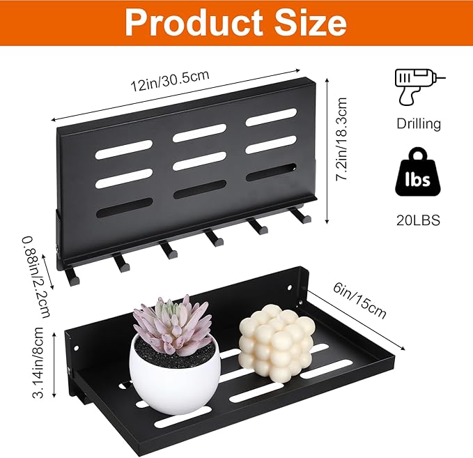2 Pack Black Folding Wall Shelf with Hooks, Fold Down Wall Mounted Shelf – Space Saving 90° Foldable Shelves for RV, Camper, Bathroom, Kitchen, Garage, Laundry & Utility Room Storage (12”x6”)