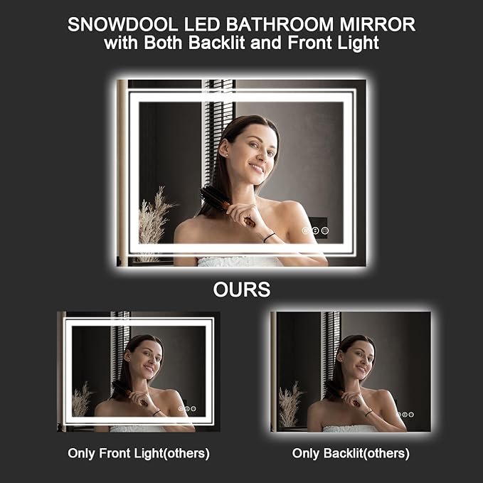 LED Bathroom Mirror, 60"X24" with Front and Backlit, Anti-Fog, Large Bathroom Vanity Mirror for Wall, Memory Function, Stepless Dimmable, Tempered Glass (Horizontal/Vertical)