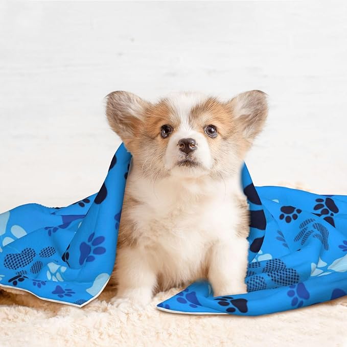 Double Sided Plush Pet Blanket with Cozy Dot Texture and Smooth Reverse, Blue Puppy Pug Dog Paw Print, Reversible Throw for Dogs Cats on Couches Beds Crates