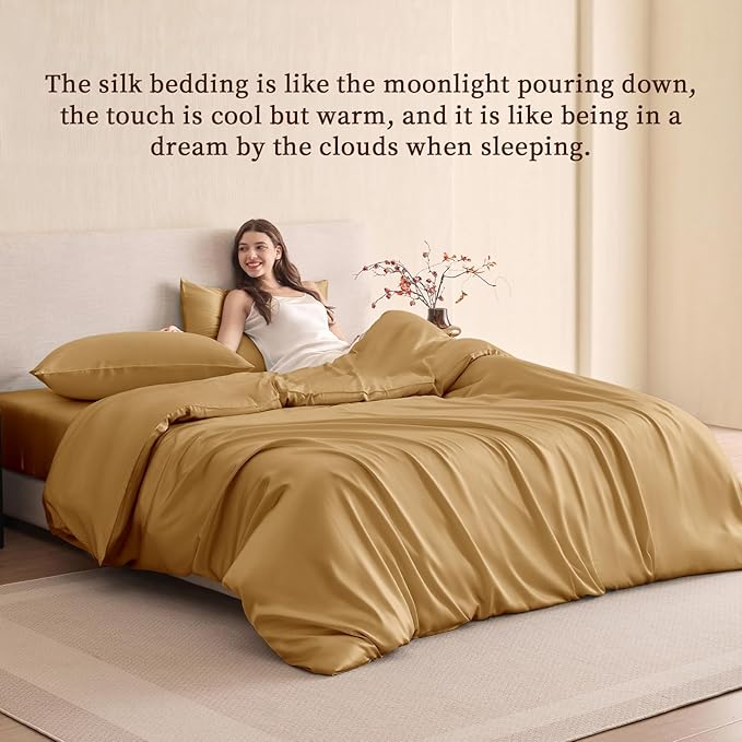 THXSILK 100% Pure Mulberry Silk Duvet Cover Set 3 Piece, 6A+ Grade Luxury Soft Bedding Silk Sheets for Hair and Skin, 1 Pcs Quilt/Comforter Cover with 2 Zippered Pillowcases (Metallic Gold, Queen)