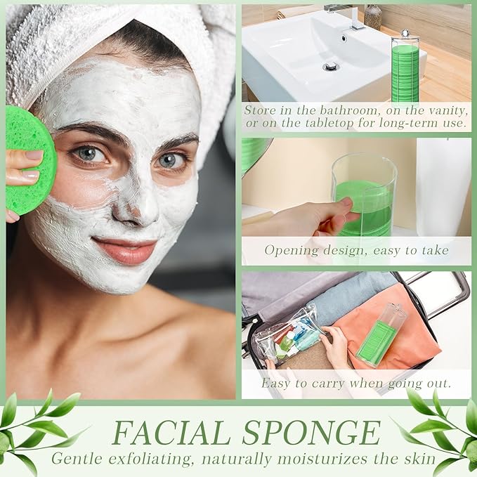 120 Pcs Compressed Facial Sponges Natural Face Exfoliator Disposable Face Sponges for Cleansing Round Soft Facial Scrubber Pads with Storage Container for Makeup Removal Travel (Green)