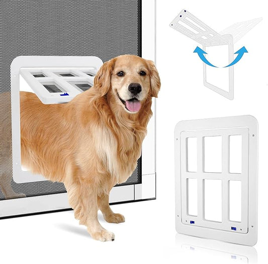 PETLESO Large Dog Door for Screen Door - 11.2" x 14.4" Magnetic Flap Pet Door with Lockable Insert for Medium to Large Dogs, Ideal for Sliding Doors, White