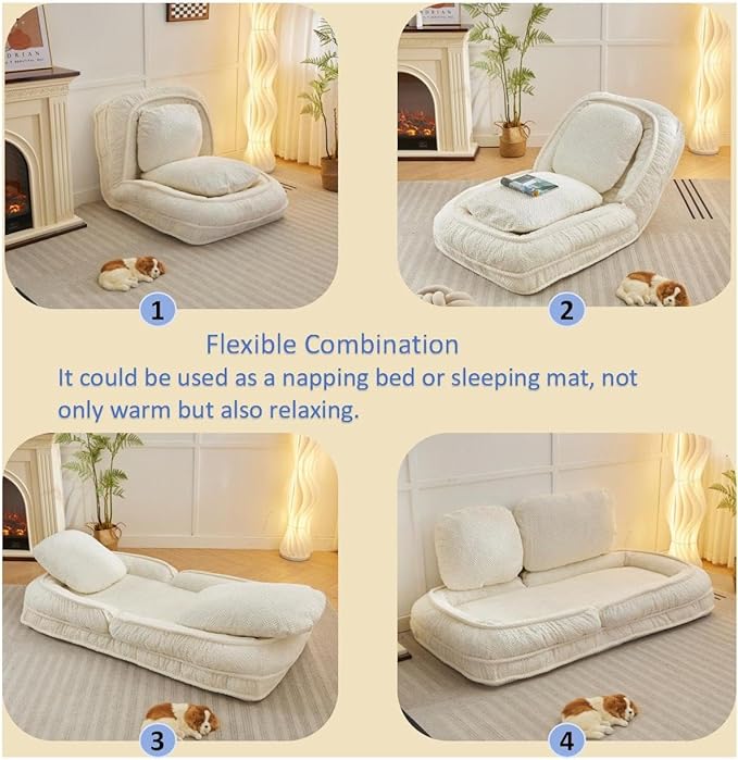 Human Dog Bed for Adult and Kids, Comfy Foldable Lazy Floor Sofa Bed with 5 Adjustable Position, White Upholstered Floor Bean Bag Lounger Chair for Bedroom, Living Room,Office (White.)