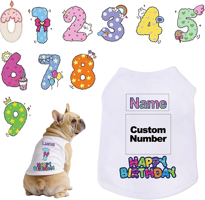 Custom Dog Birthday Shirt,Personalized Pet Apparel Print with Name Age Number,Pet Birthday Outfit,Lightweight Breathable Cotton Vest for Small Medium Large Dogs Cat (White, 7X-Large)