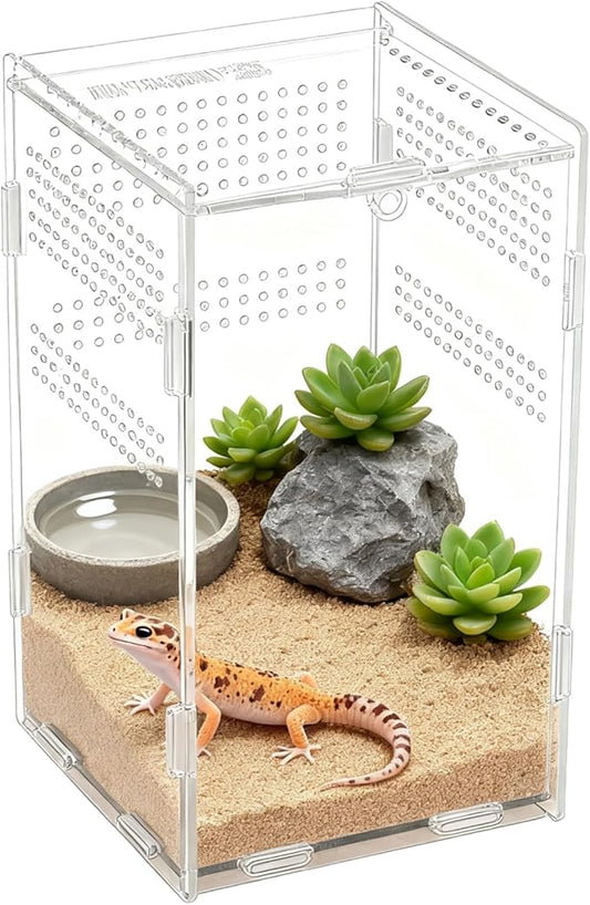 Acrylic Reptile Enclosure, 4.7x4.7x7.9 Inch Vivarium Terrarium for Gecko, Frogs, Fully Transparent Habitat with Optimal Ventilation, Front Opening Door for Easy Access