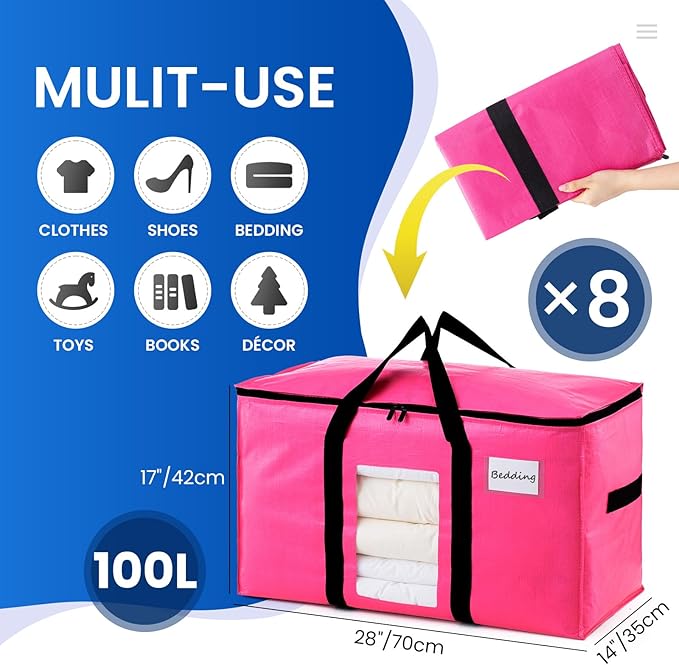 TAILI 8 Pack Pink Extra Large Moving Bags, Heavy Duty Totes with Visible Window, Wrap Around Handles, Space-Saving Storage, Alternative to Moving Boxes