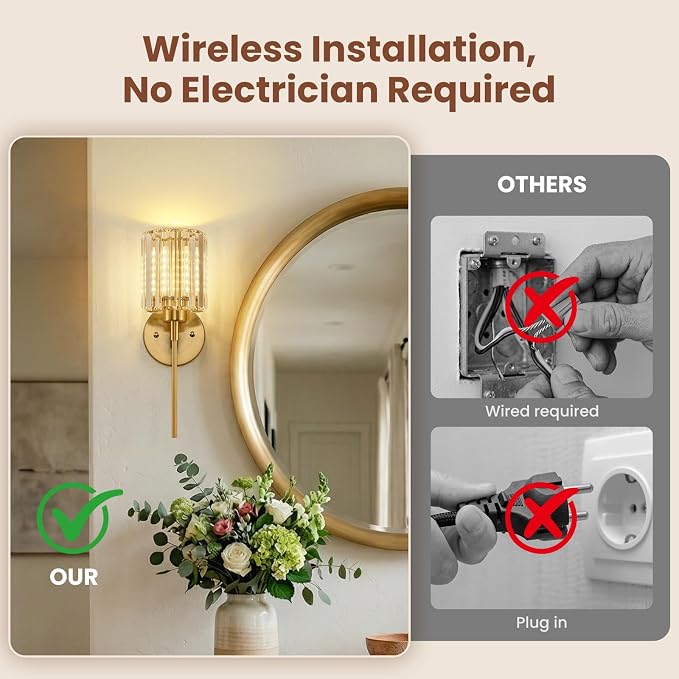 Crystal Battery Operated Wall Sconces, Brushed Gold Rechargeable Wireless Wall