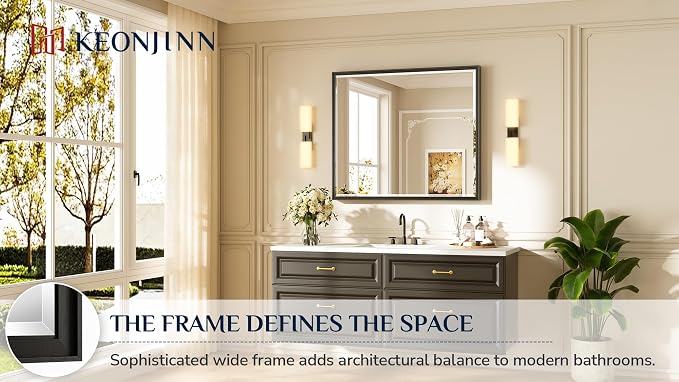 Keonjinn 42" x 36" Black Bathroom Vanity Mirror, Brushed Black Metal Framed