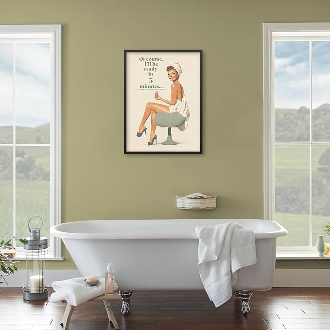 Boho Sage Green Bathroom Poster Vintage 70s Pin Up Girl Wall Art 12X16 inch