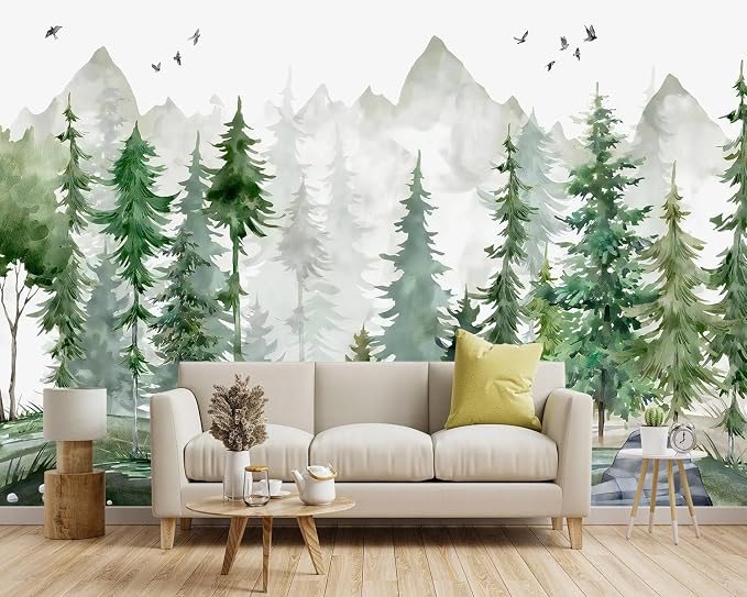 -Green Cartoon Pine Forest Nursery Fabric Wallpaper
