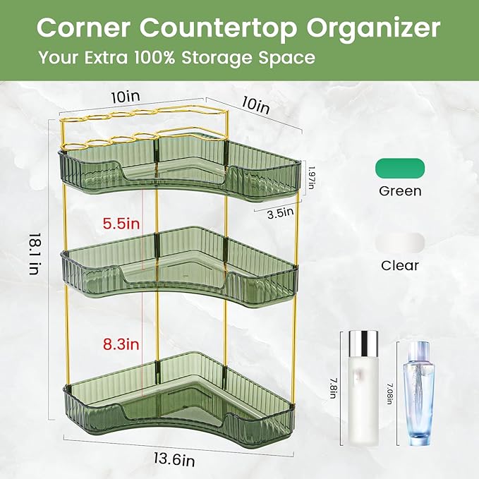 NATURE'S SOURCE Makeup Organizer for Vanity, 3-Tier Corner Bathroom Organizer Countertop with Makeup Brush Holder, Corner Counter Storage for Bathroom Dresser- Green