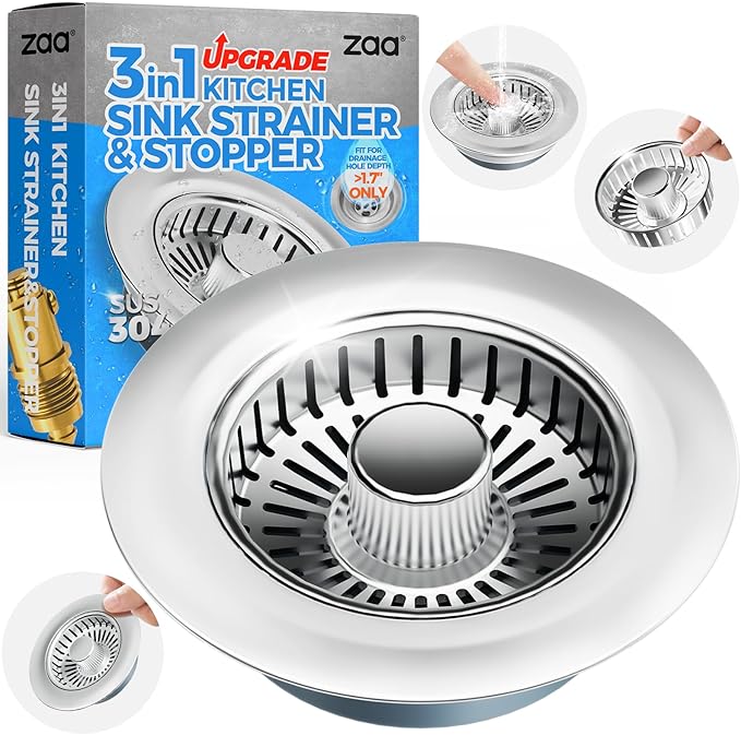 zaa Kitchen Sink Drain Strainer - Kitchen Sink Stopper, 304 Stainless Steel Sink Drain Stopper, Sink Protector for Kitchen with Anti-Clog Filter, Fit US Standard 3-1/2'' Sink Drain Hole, Silver